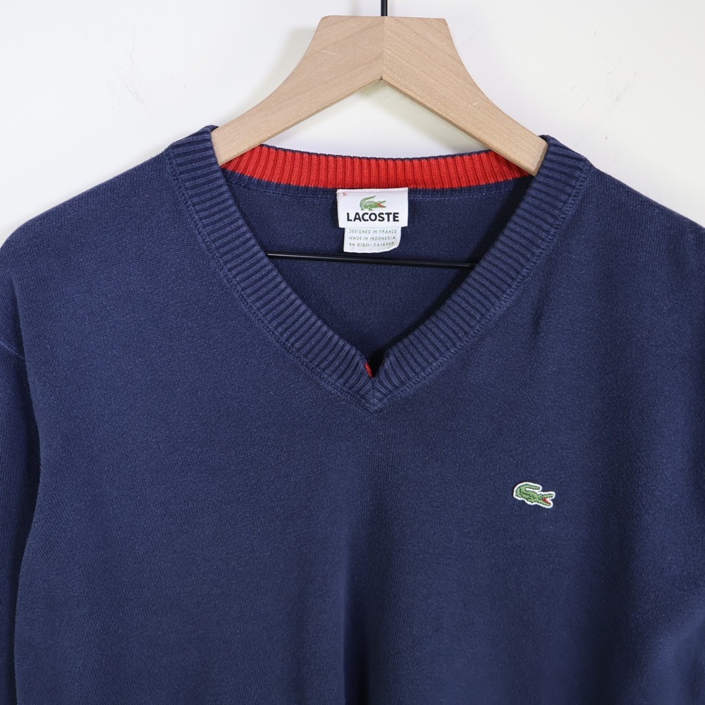 Lacoste V-Neck Sweater Size 5/Large Preppy Classic Navy Blue Cotton Knit Logo - Picture 2 of 12